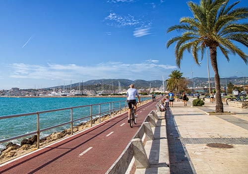 a person riding a bicycle on a bridge over water