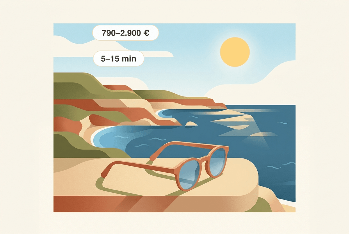 Laser eye surgery in Mallorca: glasses set aside before a sharply focused Mediterranean coast. Two reference values from the guide are shown — German reference prices of around 790 to 2,900 € per eye depending on the method, and a procedure time of about 5 to 15 minutes.