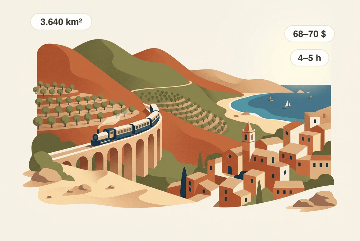 Excursions in Mallorca: a historic train on a viaduct above a coastal village and the sea — the island covers about 3,640 km²; boat and catamaran tours start from around 68–70 US dollars per person and typically last 4–5 hours.