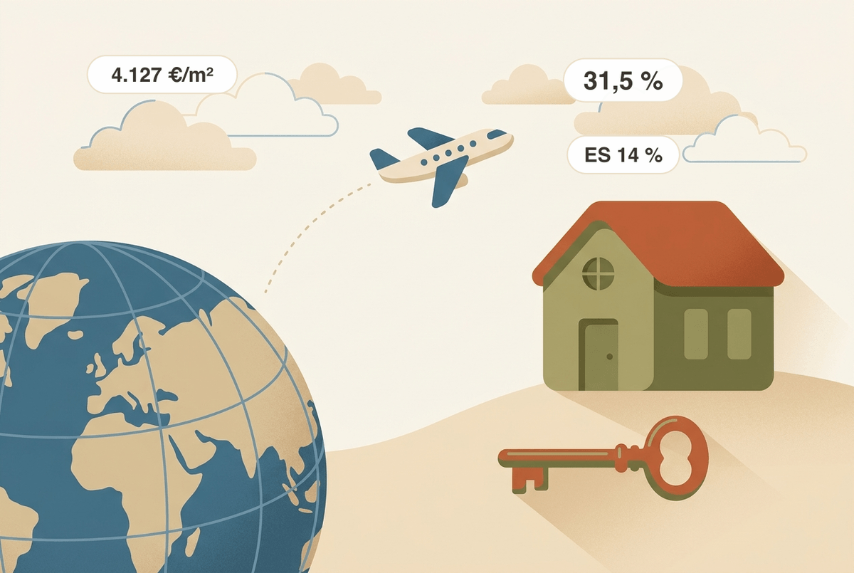 Un globus terraqui, un avió i una casa amb clau: a les Balears, al voltant del 31,5 % de totes les compres d'habitatge al quart trimestre del 2025 van ser de compradors internacionals, més del doble de la mitjana espanyola de prop del 14 %; l'habitatge de segona mà hi costava uns 4.127 €/m².