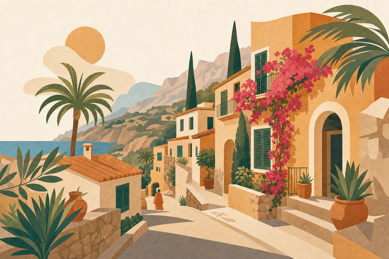 Mediterrane Wohnstraße im Südwesten Mallorcas mit Palmen, Steinhäusern und Meerblick als Sinnbild fürs Auswandern