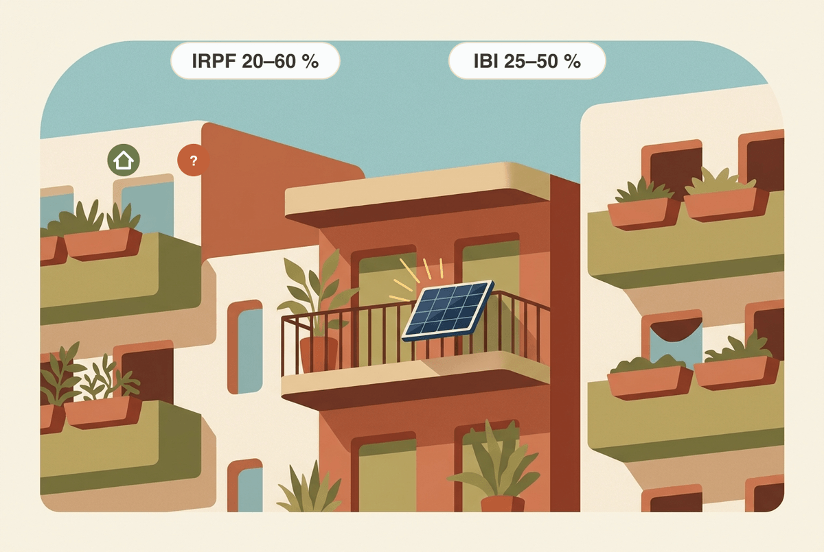 Il·lustració plana d'una placa solar de balcó en una façana mediterrània. Les icones expliquen: la fotovoltaica a les Balears dona dret a una deducció de l'IRPF del 20–60 % i a una bonificació de l'IBI del 25–50 % (segons el municipi); el consentiment de la Comunitat sol ser necessari a la façana i la situació legal continua sent incerta (símbol de casa i interrogant).