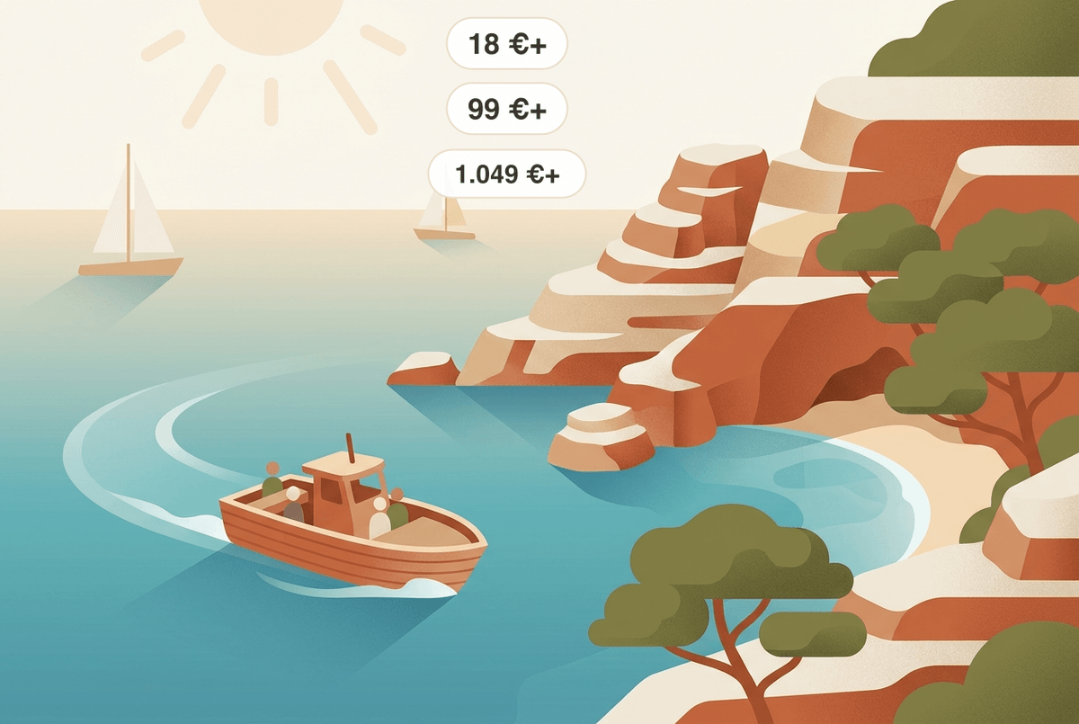 Bootstour Mallorca: Ausflugsboot vor der Steilküste, Segelboote am Horizont — einfache Gruppentouren pro Person ab rund 18 € (Glasbodenboot), Katamaran mit Tapas ab etwa 99 €, ein privater Ganztages-Charter fürs ganze Boot ab rund 1.049 €.