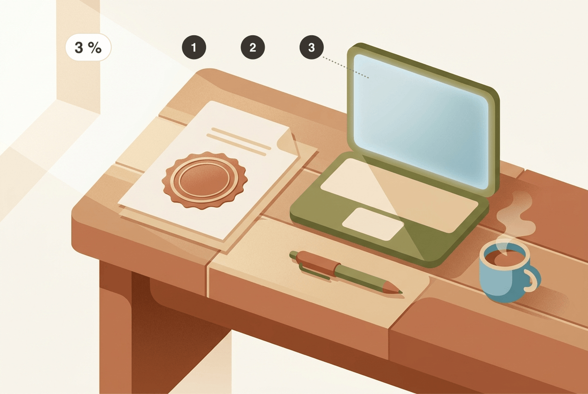 Certificado de Residencia Fiscal: desk with certificate and laptop, step markers for the online application via the Sede Electrónica; the 3% chip marks the tax withholding on a property sale when no proof of tax residence is provided.
