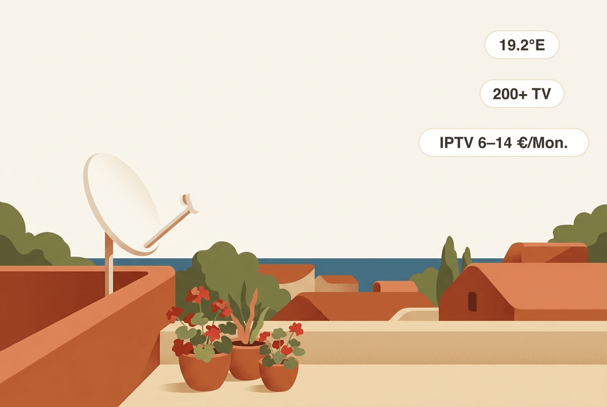 Eine Satellitenschüssel auf einer mediterranen Dachterrasse, ausgerichtet auf Astra 19.2° Ost für über 200 frei empfangbare TV-Sender ohne Internet; als internetbasierte Alternative kosten IPTV-Dienste in der Regel 6 bis 14 Euro pro Monat.