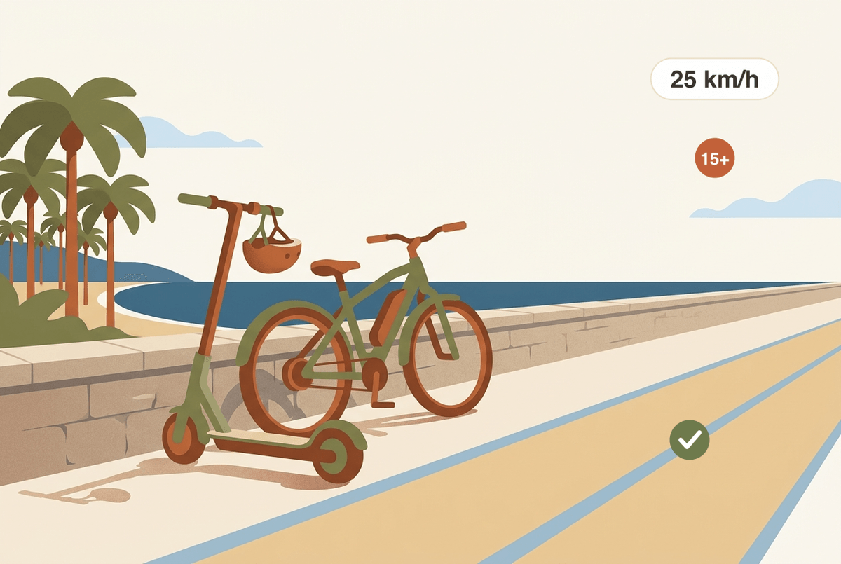 E-Scooter und E-Bike auf Mallorca am Radweg mit Helm — VMP-Klassengrenze 25 km/h, Gehweg verboten
