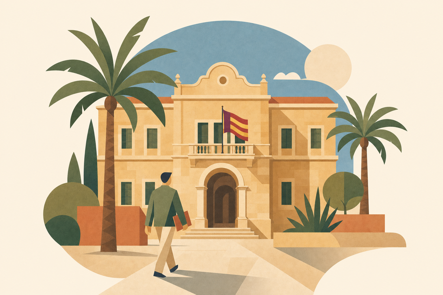 Person mit Unterlagen vor einem mallorquinischen Rathaus zur Padron-Anmeldung