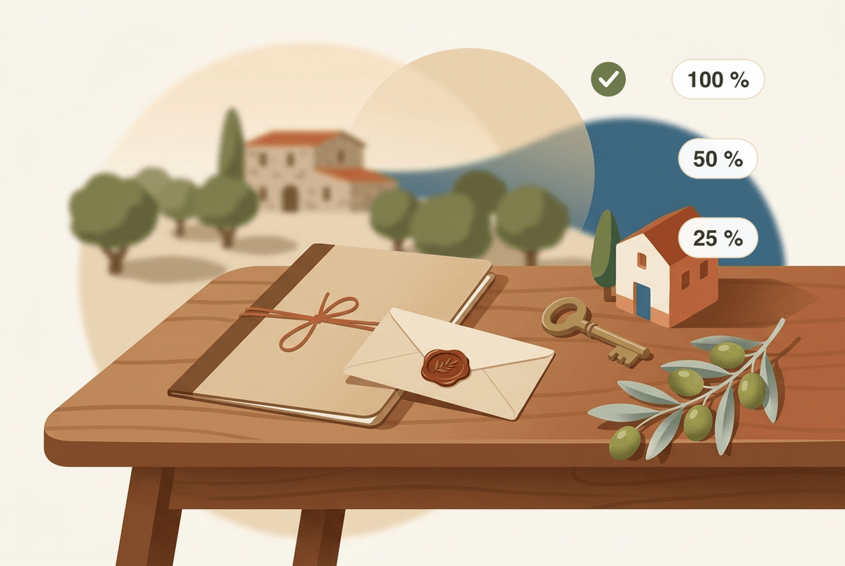 Inheritance from Germany in Mallorca: Mediterranean scene with a house and key; the chips show the Balearic inheritance-tax relief by kinship — generally 100% for close relatives (only up to 120% of the property's reference value), 50% for siblings and nephews without direct descendants, 25% with direct descendants.