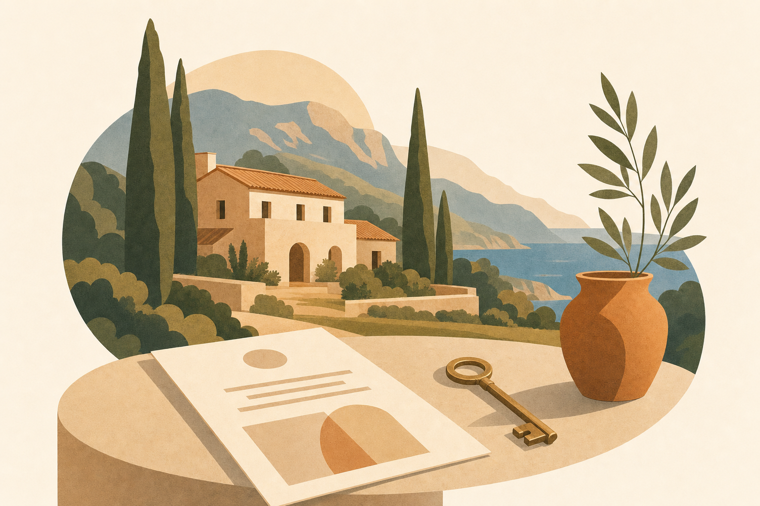 Mediterranean stone villa on Mallorca in the evening light with the Tramuntana mountains in the background, symbolic of property inheritance in the Balearic Islands