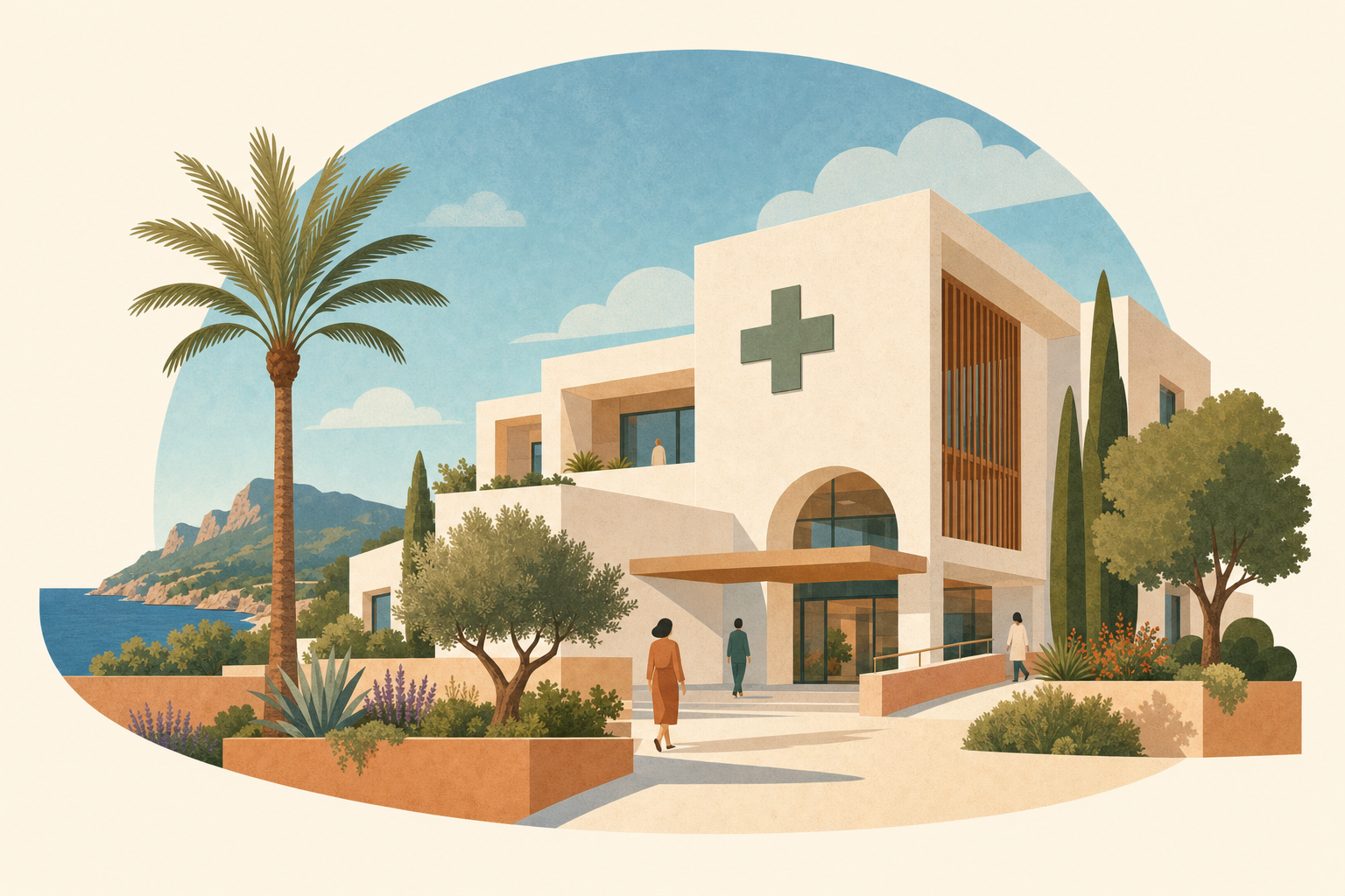 Modernes Krankenhaus auf Mallorca mit Apotheken-Kreuz und Rettungswagen 112