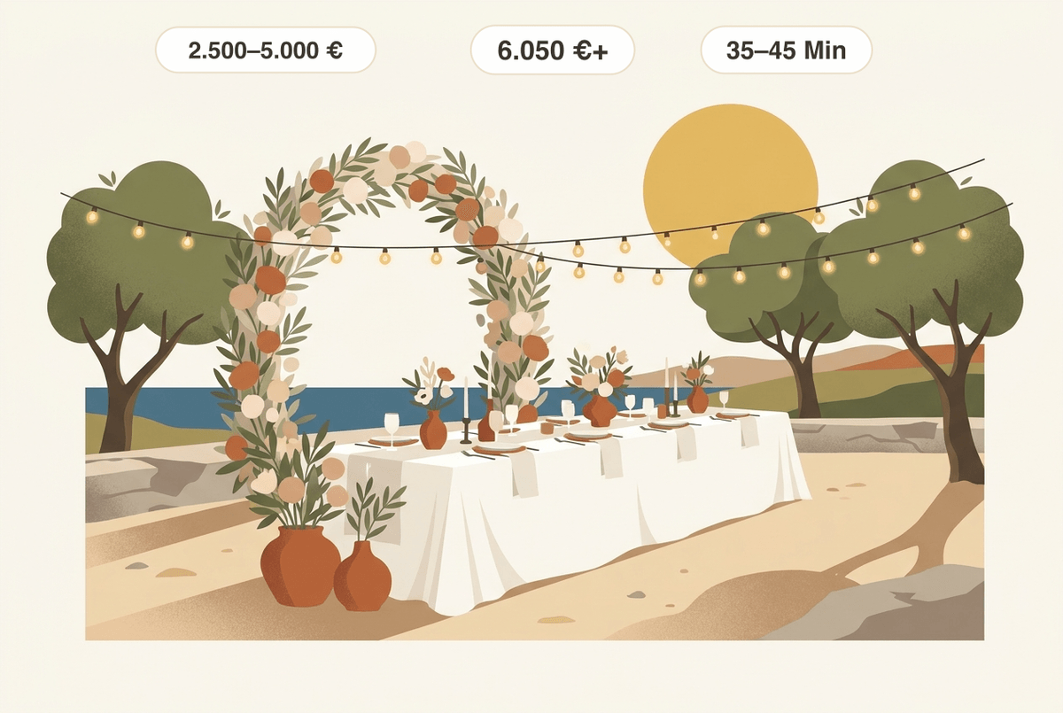 Wedding venue in Mallorca: a laid banquet table under olive trees — a small private finca usually costs 2,500–5,000 € per week, a large event finca from 6,050 € (up to 125 guests), the airport typically 35–45 minutes away.
