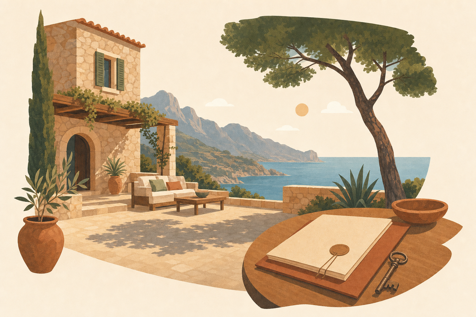 Mediterranean villa on Mallorca with sea views, symbolising the property purchase process and the associated additional purchase costs