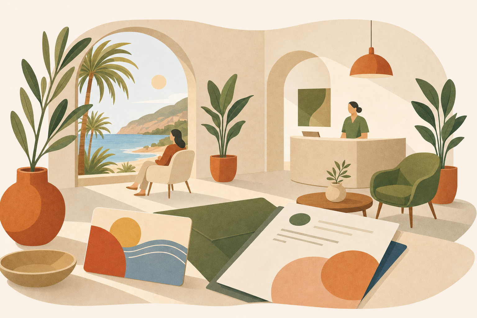 Modernes mediterranes Gesundheitszentrum auf Mallorca mit spanischer Gesundheitskarte und Versicherungsunterlagen auf einem Tisch