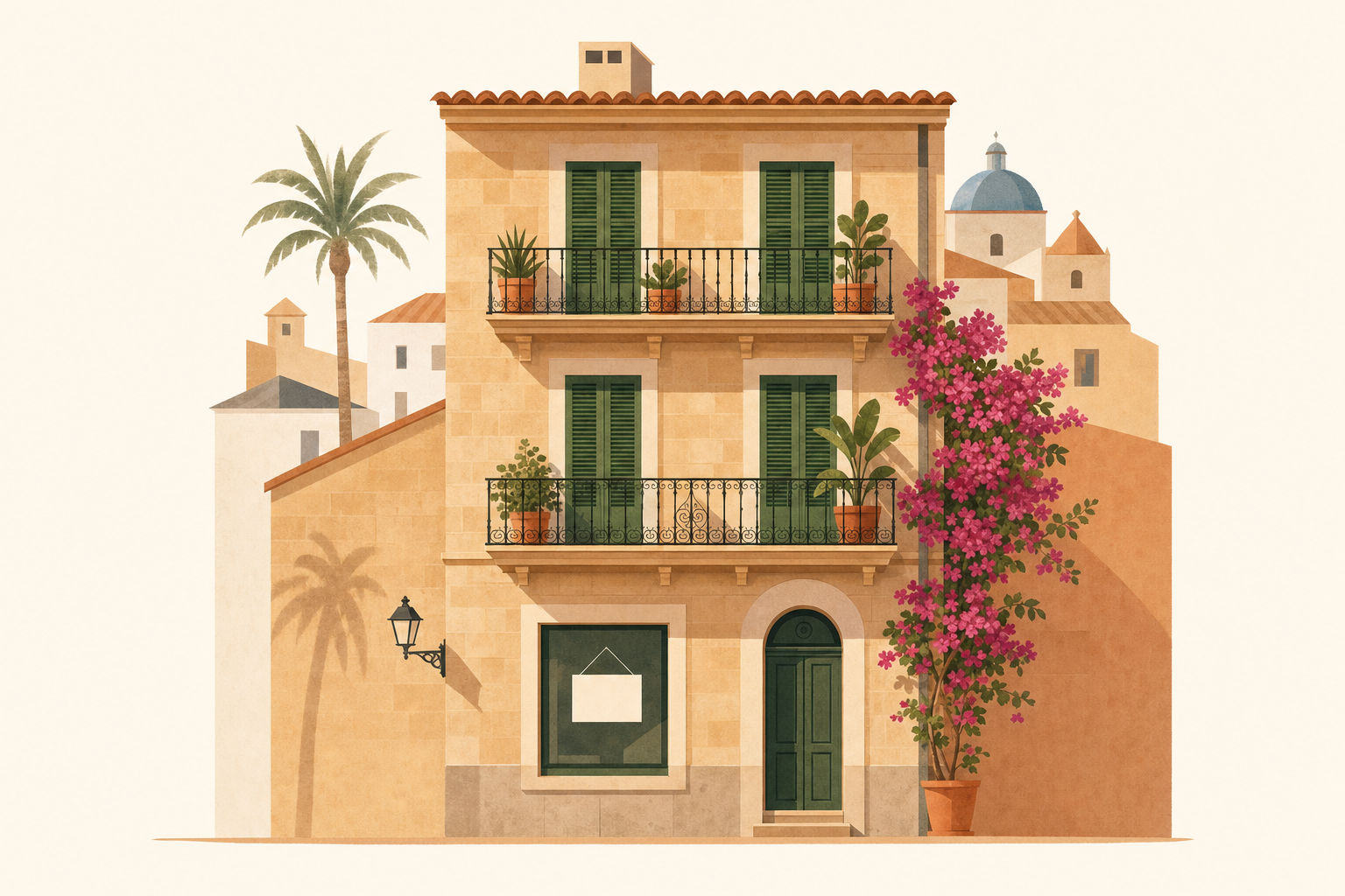A Mallorcan town house in Palma with a rental sign, symbolising long-term renting in Mallorca