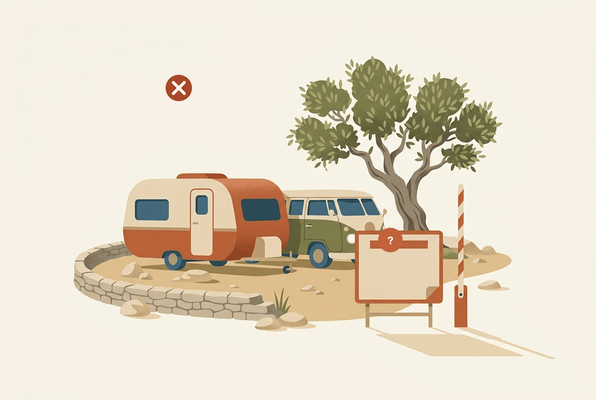Flat illustration of a caravan and camper on a walled plot with a blank sign and barrier. Icons explain: setting up a mobile home on suelo rústico is generally prohibited (red cross); whether a permit is possible depends on the land classification, the duration and the utility connection (question mark).