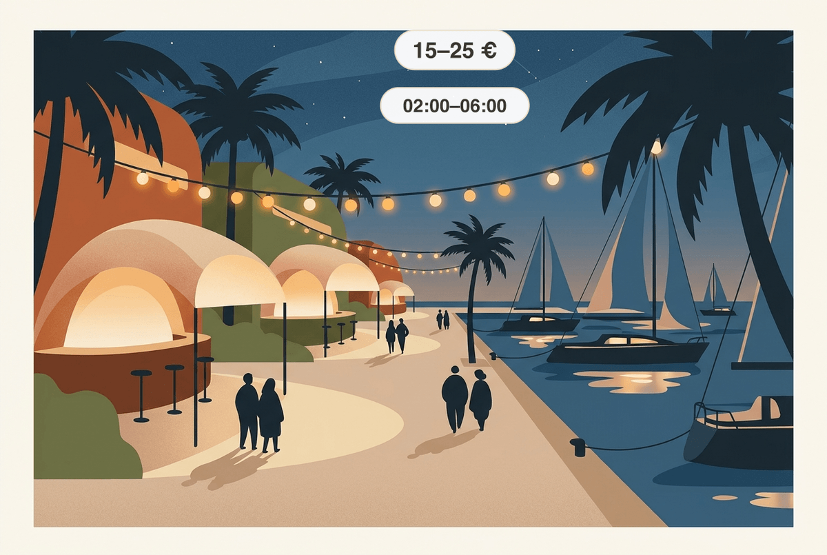 Nachtleben auf Mallorca: beleuchtete Strandpromenade mit Bars, Lichterketten und Booten bei Nacht — der Eintritt in die großen Clubs am Paseo Marítimo liegt meist bei 15–25 € inklusive Getränk, voll wird es freitags und samstags erst gegen 2 Uhr und bis in die Morgenstunden.