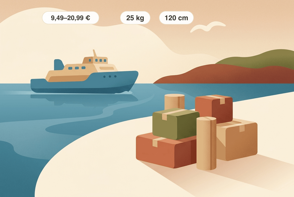 Parcel to Mallorca: ferry and stacked parcels on the beach; the chips show the Hermes key figures — online prices by size of 9.49–20.99 €, a maximum weight of 25 kg and up to 120 cm combined side length (longest plus shortest side).