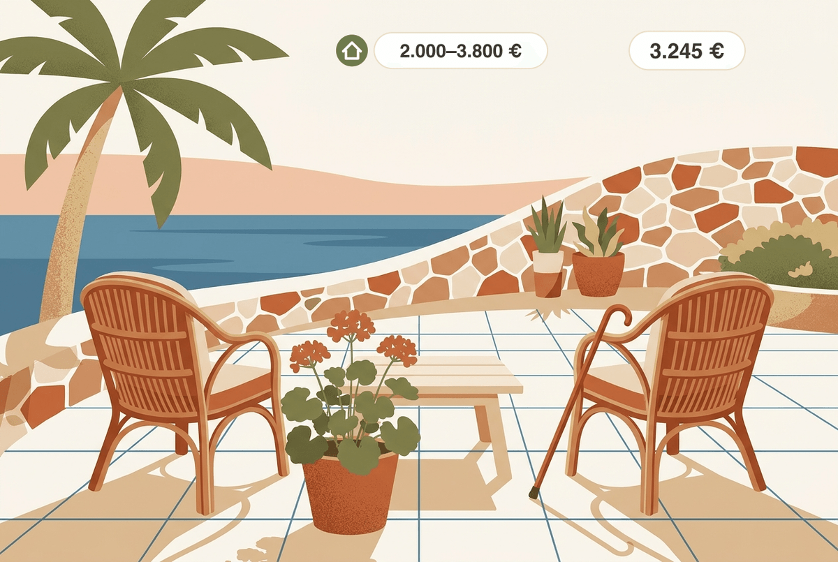 Care home in Mallorca: a sunny terrace with rattan chairs, a walking cane and sea view — a place in a private residencia costs roughly 2,000–3,800 € per month depending on room and occupancy (operator figures), about the same order as the German out-of-pocket share averaging 3,245 € per month (2026).