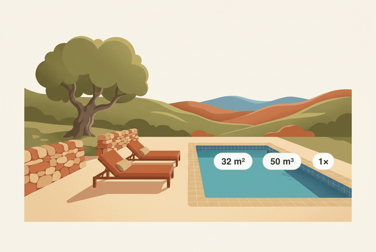 A rectangular example pool of 8 × 4 metres (about 32 m² of water surface and roughly 50 m³, or 50,000 litres, of water) beside loungers on a Mallorcan finca terrace; a permanently built pool normally requires a building permit (Licencia de Obras).
