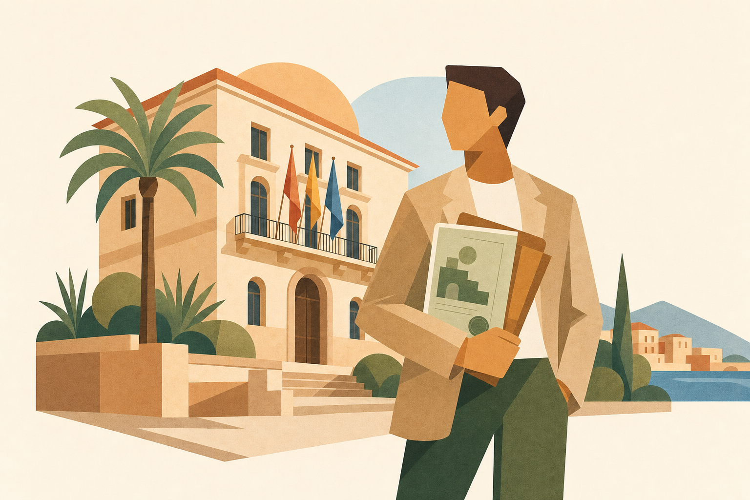 EU-Bürger mit grünem Certificado de Registro vor einem Behördengebaeude in Palma de Mallorca