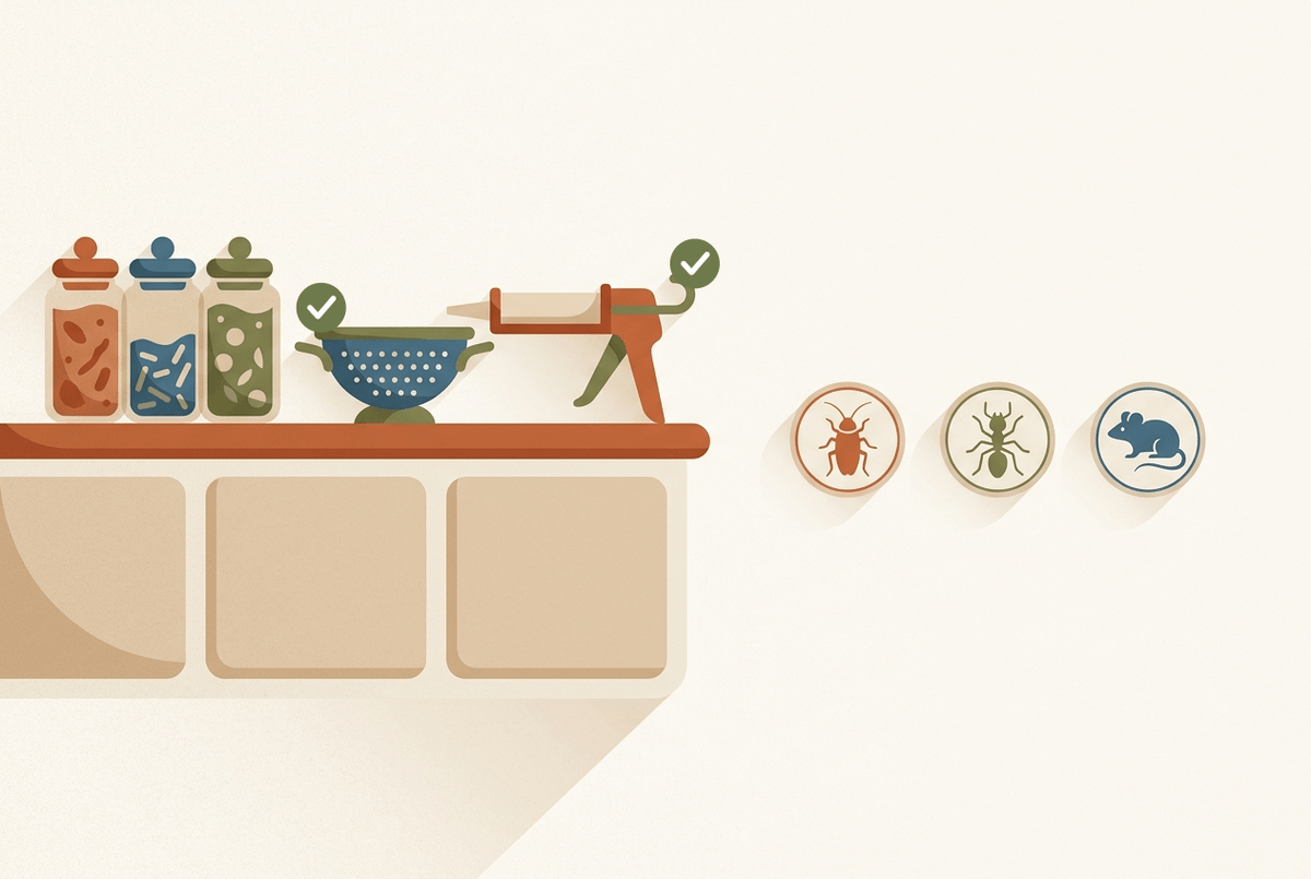 Flat illustration of a kitchen counter with storage jars, a drain strainer, a silicone gun and symbols for cockroach, ant and rat. Green checks mark two effective preventive measures against pests on Mallorca: drain strainers in bathroom and kitchen and silicone-sealed joints and pipe openings. The high season runs from May to October.