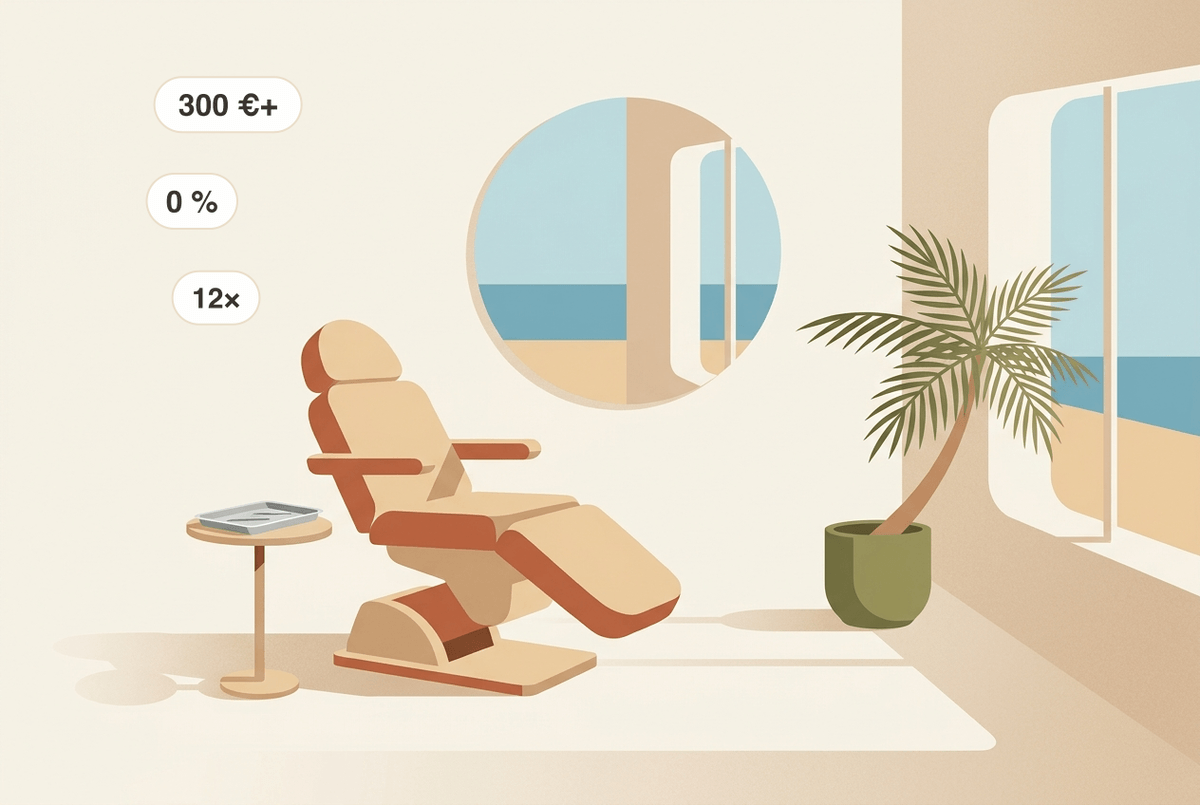 Schönheitsklinik auf Mallorca: Behandlungsstuhl, Spiegel und Meerblick. Eingeblendet der Finanzierungsrahmen aus dem Ratgeber — bei teilnehmenden Kliniken Finanzierung ab 300 €, mit 0 % Zinsen über bis zu 12 Monate.