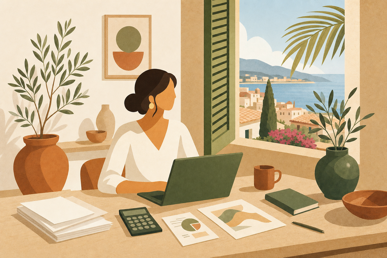 Heller mediterraner Arbeitsplatz auf Mallorca mit Steuerunterlagen und Laptop bei Blick auf Palma