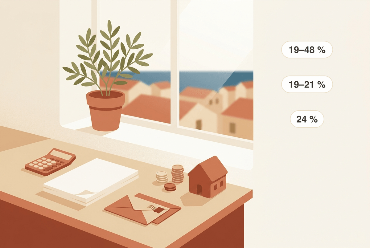 Imposts a Espanya: oficina vora sa finestra amb calculadora, monedes i una casa; es xips mostren es tipus — s'IRPF progressiu va d'aproximadament 19 a 48 % segons sa renda, es rendiments des capital solen ser des 19–21 %, i es tipus fix Beckham és des 24 % per als nouvinguts (fins a 600.000 €).