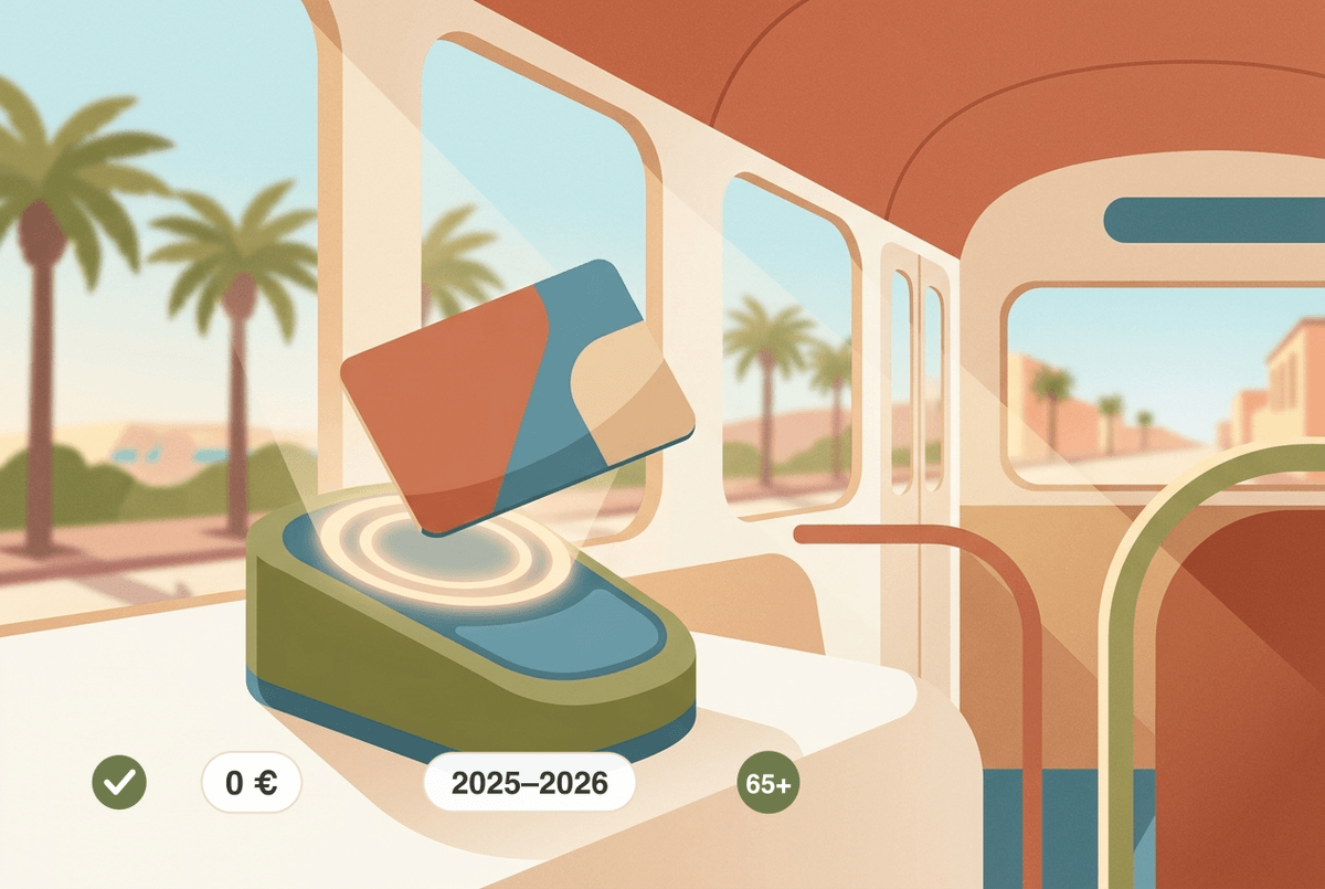 Tarjeta Ciudadana in Palma: Karte am Lesegerät im Bus; die Chips zeigen den Wandel — für berechtigte Nutzer sind Fahrten 2026 kostenlos (0 €, die Karte muss aber weiterhin entwertet werden), der Umstieg auf die Tarjeta Única läuft 2025–2026, und ab 65 Jahren ist keine Cita Previa nötig.