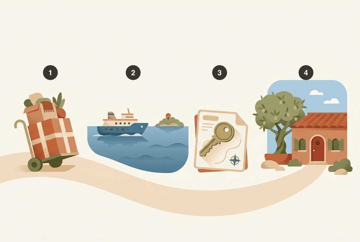 Flat illustration of moving to Mallorca as a four-step process (numbered markers 1 to 4): 1 the move and arrival with packing boxes, 2 finding a flat or finca, 3 applying for the NIE number and opening a bank account, 4 registering at your new home (Empadronamiento).