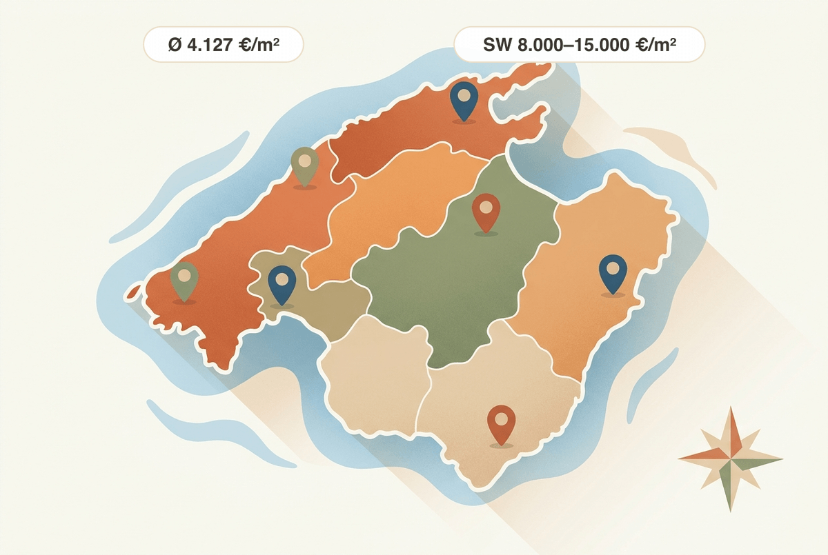 Un mapa estilizado de Mallorca con ocho regiones y chinchetas de ubicación: la vivienda de segunda mano cuesta unos 4.127 €/m² en toda la isla (4.º trimestre de 2025), mientras que los inmuebles de alta gama en el suroeste más caro (Calvià, Andratx, Portals) oscilan entre 8.000 y 15.000 €/m² según datos del sector.
