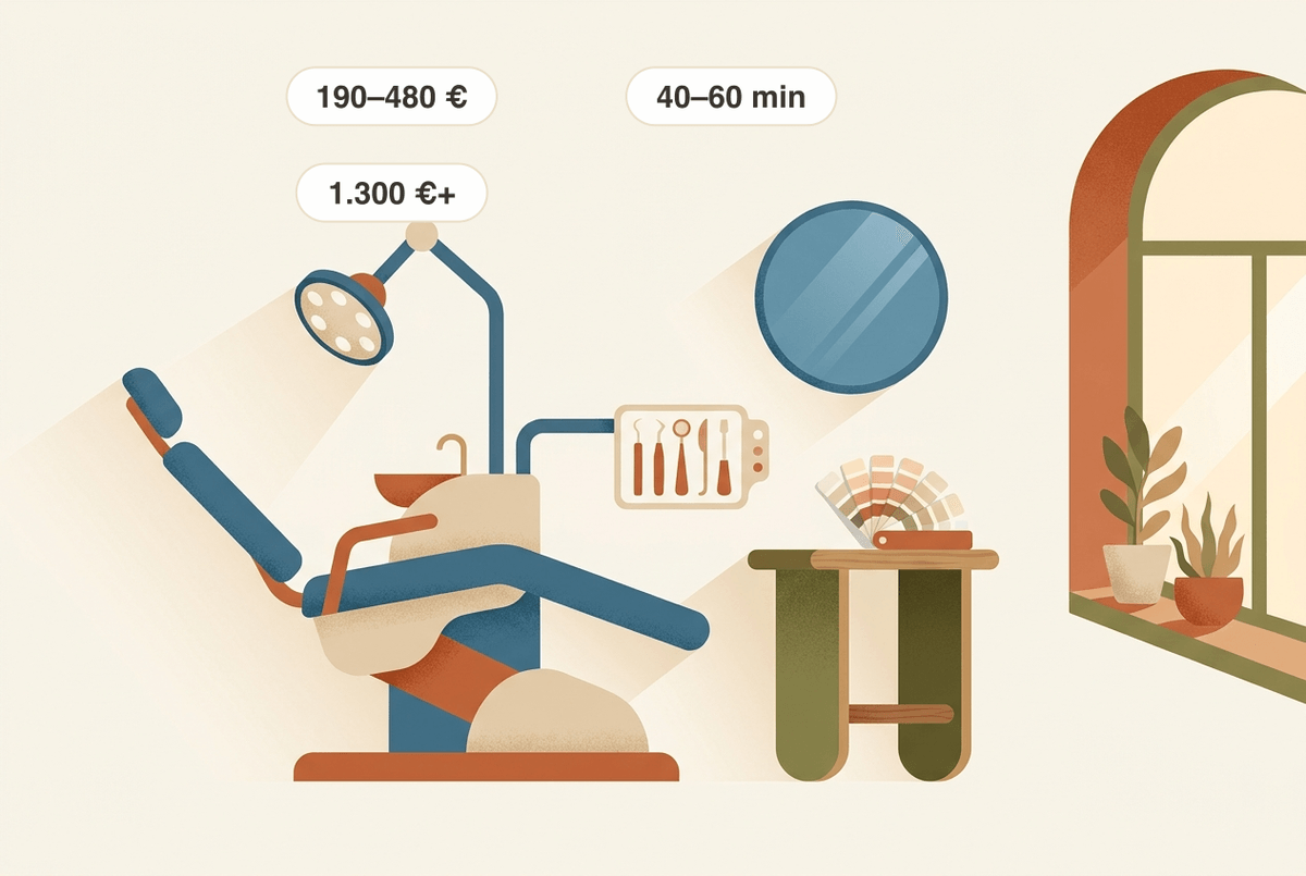 Teeth whitening in Mallorca: treatment chair, instruments and shade guide. The cost comparison from the guide is shown — professional whitening 190–480 €, dental implant from 1,300 €, in-office bleaching takes about 40 to 60 minutes (single-practice reference values).